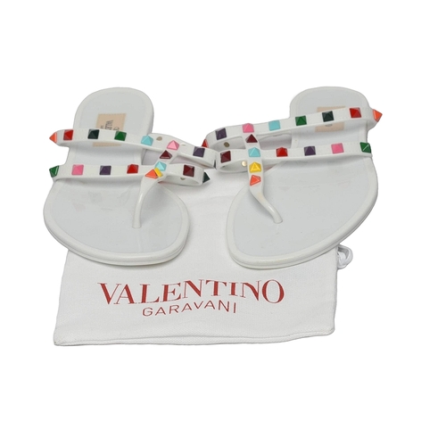 209 - Valentino Garavani White Flip Flop Sandals with colourful stud detail. Size 40. Some light use but v... 