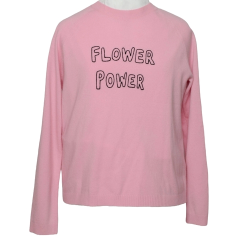 219 - Bella Freud Pink Jumper with slogan 'Flower Power'. Size XL. Pre-loved, very good condition.