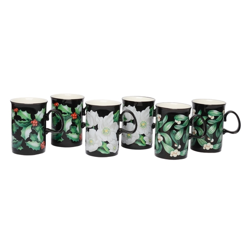 39 - Set of 6 Dunoon Pottery Christmas Mugs designed by Caroline Bessey including 2 x Christmas Roses, 2 ... 