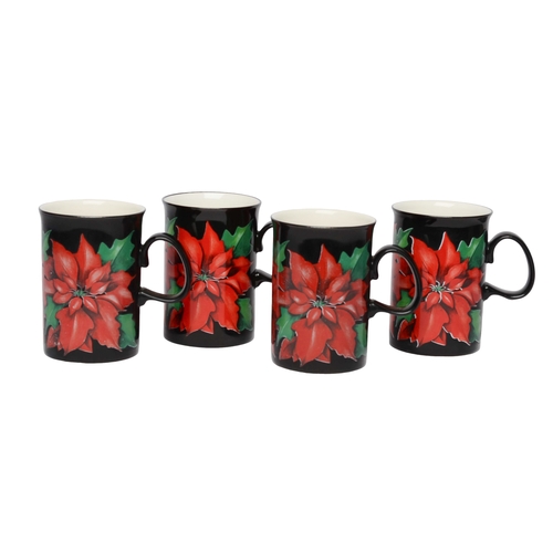 40 - Set of 4 Dunoon Pottery Christmas Mugs with poinsettia design by Caroline Bessey.