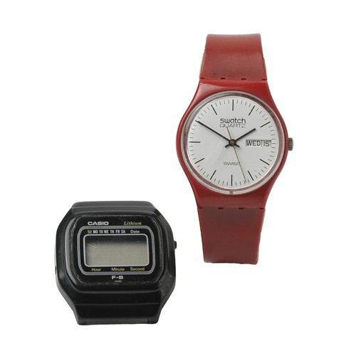 56 - Vintage Swatch and Casio Watches. Casio is without strap - F-8 Model. Swatch Quartz with red strap (... 