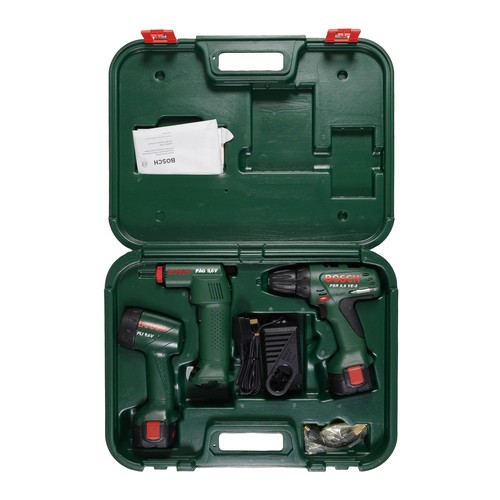 3 - Bosch Combination Set with Drillbit Set:
Case contains rechargeable tools including torch, drill and... 