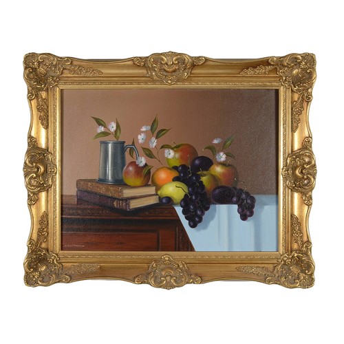 128 - Framed Oil Still Life of Fruit Scene. Frame is 77.5cm from edge to edge and 62.5cm high. Artist has ... 