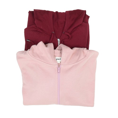 181 - Two Ladies' Hoodies. Size XL. Includes:
1 - Pact pink zip-front sweater hoodie
2 - Plum red 100% woo... 