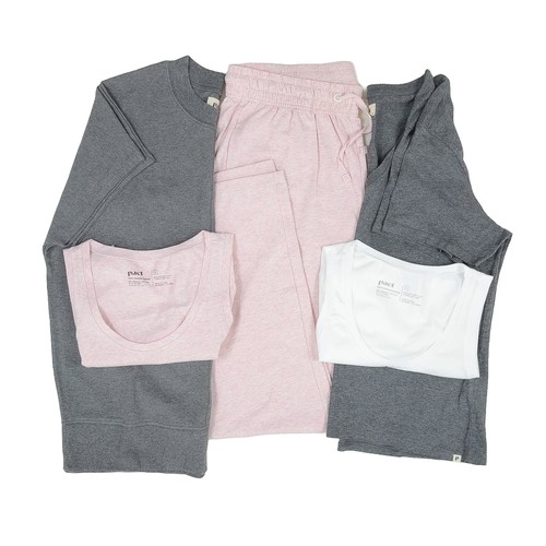 183 - Pact Ladies' Loungewear Bundle. Size L. Includes:
1 x pink vest top
1 x white vest top
1 x grey t-sh... 