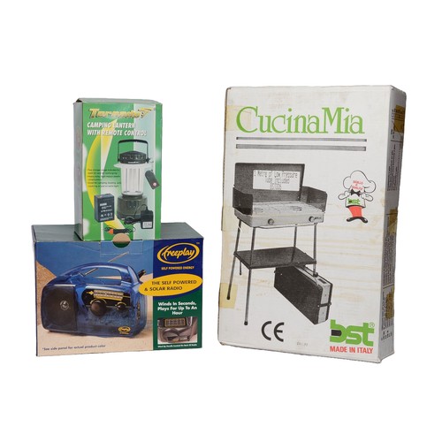 133 - Camping Bundle including:
Cucina portable stove - boxed
Freeplay solar radio
Camping lantern