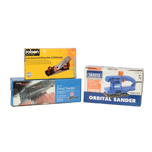 9 - Woolworths 180W Detail Sander and Draper 140W Orbital Sander plus Rolson Iron Smooth Plane No3 (200m... 