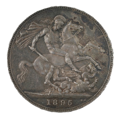 112 - Victoria, Crown. 1895. Old veiled bust. St George reverse. Dark tone. Mark on cheek. GEF. (S3937)