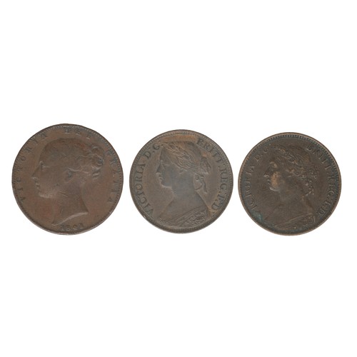 196 - Victoria, 3 x Farthings. 1841 (Fine), 1860 toothed boarder (gVF), 1885 (gF).