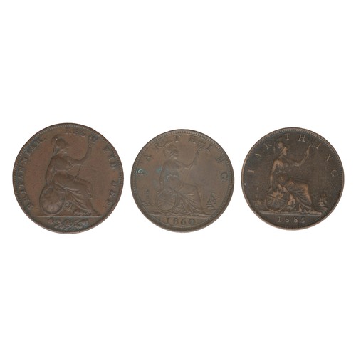 196 - Victoria, 3 x Farthings. 1841 (Fine), 1860 toothed boarder (gVF), 1885 (gF).