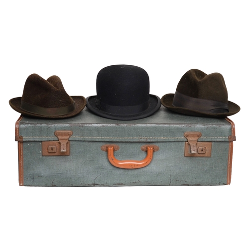 151 - Vintage Suitcase with Three Vintage Hats - 2 x Fedora Style (Dunn & Co, London and Failsworth made s... 