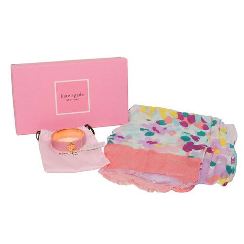 152 - Kate Spade Gift Box containing pink and multicoloured scarf and rococo pink hinged bangle. All in ne... 