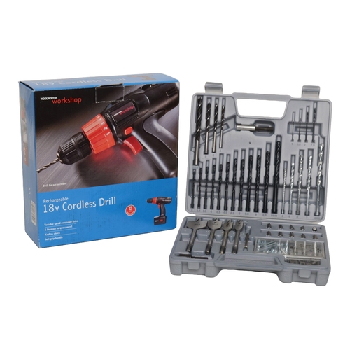 13 - 18v Cordless Drill with a Bosch Drill Bit Set. Drill untested. All in original packaging.