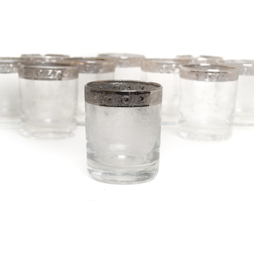 33 - Set of 10 Vintage Etched Glass Tumblers with Silver-Coloured Rims.