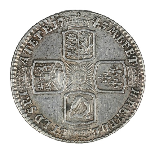 48 - George II, 1745, Shilling. Lima below bust. May have been cleaned but a very strong GF (S3703)