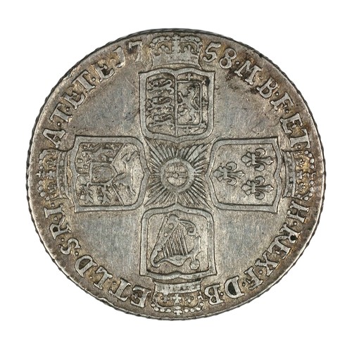 47 - George II, 1758, Shilling. Nice bright F; reverse better. (S3704)