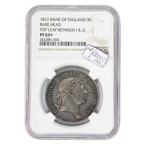 59 - George III, 1812, Proof Bank of England 3 Shilling. Bare Head. Top leaf between 1 and G. Stunningn t... 