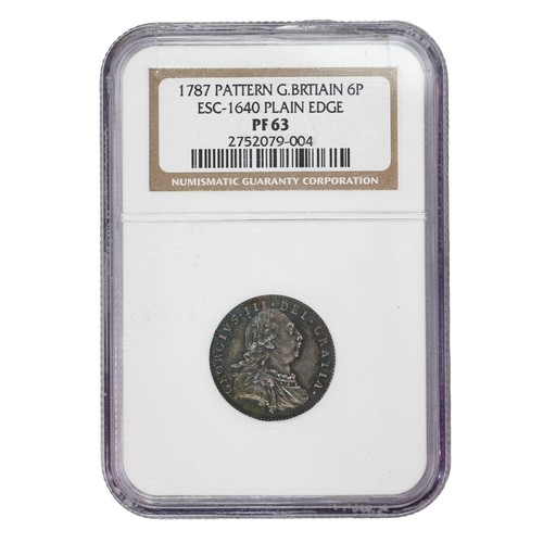 65 - George III, 1787, Pattern Sixpence. Plain Edge. Stunning colouring and tone. Slabbed by NGC as PF63.... 