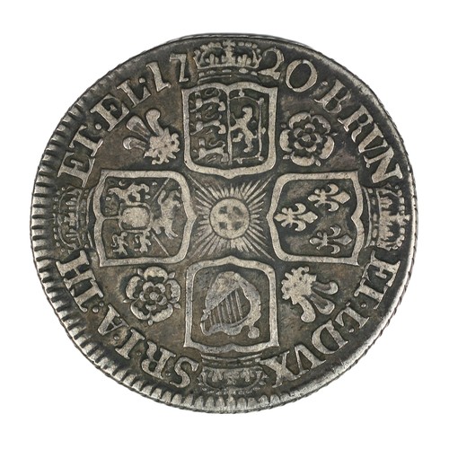 46 - George I, Shilling. 1720. First bust with roses and plumes in angles. Scarce. Fine (S3645)