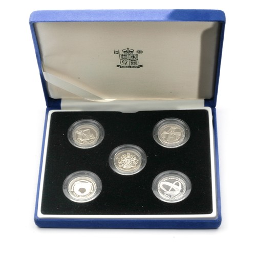 234 - Elizabeth II  One Pound Silver Proof set of £1 design with plain edge and hallmarks (S4595A, S4596A,... 