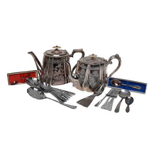 13 - Two Silver-plate Teapots (stamped EPNS) and an assortment of cutlery.