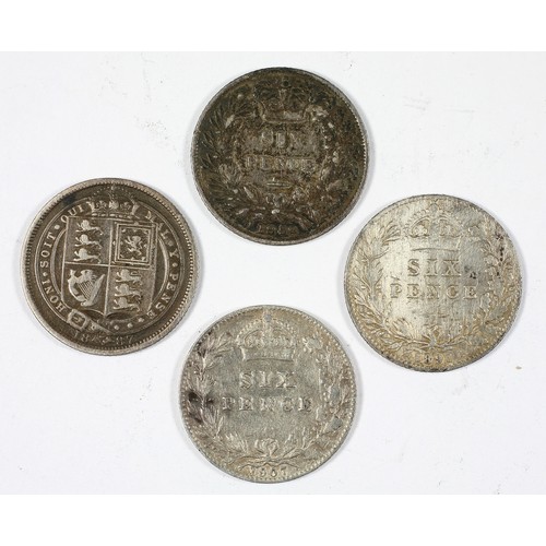 143 - Victoria, 3 x Sixpence. 1852, 1887, 1891. Edward VII, Sixpence, 1907. All Fine or better (S3908, S39... 