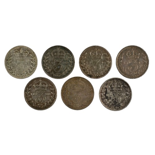 155 - Victoria, 7 x Maundy Threepence. 1862, 1890 (2), 1891, 1895, 1896, 1899. Very Good to EF (S3918, S39... 