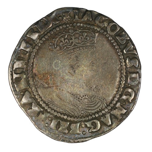 33 - James I, Shilling. 1603-4, First coinage. Shiliing. Second bust with beard merging with collar and w... 