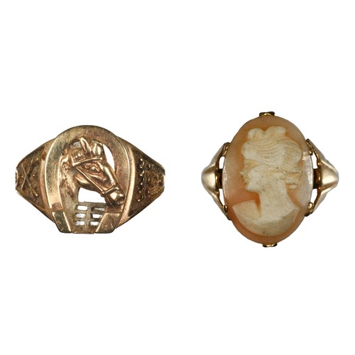 57 - Two Rings:
1 x Gold Cameo ring stamped '375'. Size P.
1 x Yellow metal equestrian themed ring. Size ... 