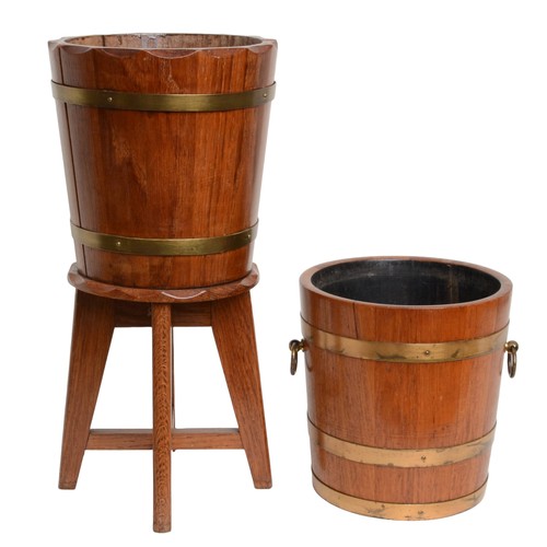 46 - Two lovely wooden and brass-bound buckets - one with stand attached.