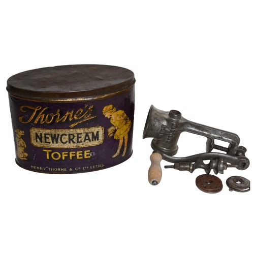 20 - Vintage Tin 'Thornes New Cream Toffee' with vintage mincer.