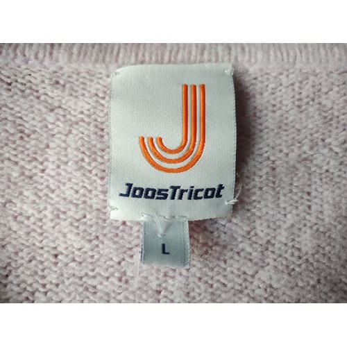 142 - JoosTricot Cropped Cardigan. Pale pink with brown design. Size L. Pre-loved, good condition.