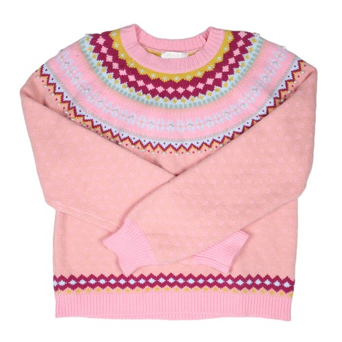 148 - Love Shack Fancy Knitted Jumper. Size XL. Pink with colourful pattern and bead embellishment. Pre-lo... 