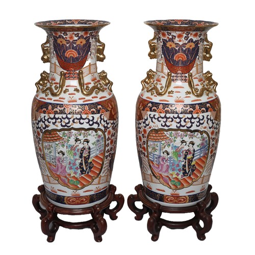 36 - Pair of Very Large Oriental Vases on Wooden Stands. Very striking and quite the statement! Approx. 9... 