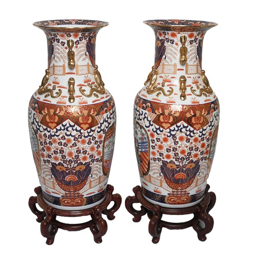 36 - Pair of Very Large Oriental Vases on Wooden Stands. Very striking and quite the statement! Approx. 9... 