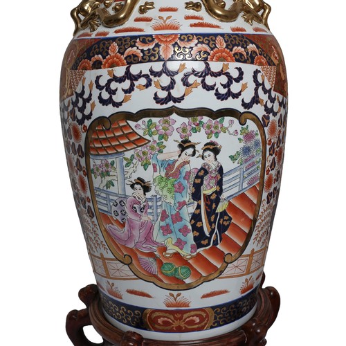 36 - Pair of Very Large Oriental Vases on Wooden Stands. Very striking and quite the statement! Approx. 9... 