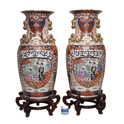 36 - Pair of Very Large Oriental Vases on Wooden Stands. Very striking and quite the statement! Approx. 9... 