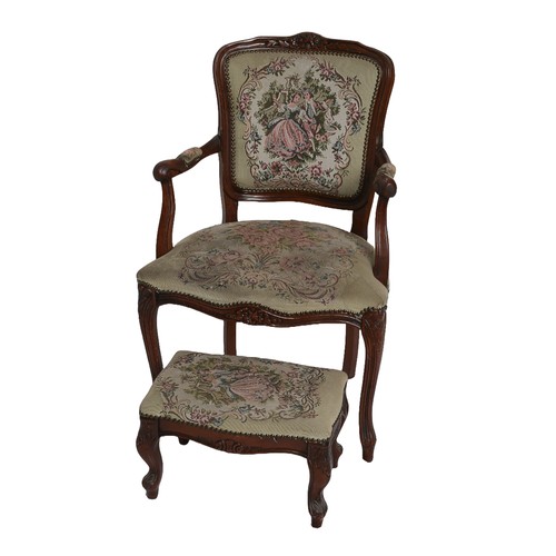 88 - Small Tapestry Armchair with Matching Footstool. 88cm high to top of chair back and 56cm wide at wid... 