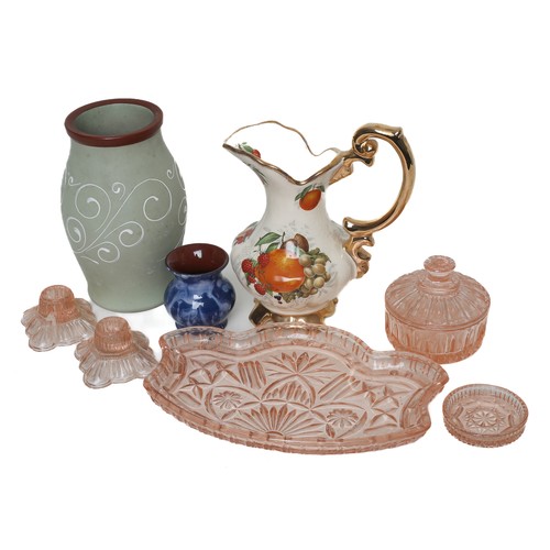 26 - Collection of Vases/Ornaments. Includes:
- Tube-lined Denby vase
- Coloured glass dressing table set... 