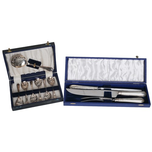 29 - Three-Piece Carving Set by W Wright (Sheffield) in original box. Box of EPNS (Sheffield) dessert spo... 