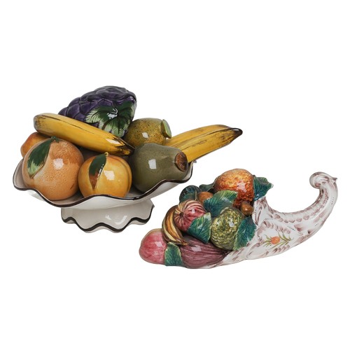 42 - Majolica Style Fruit Bowl and Fruit-Laden Cornucopia. Cornucopia stamped 'Made in Italy'.