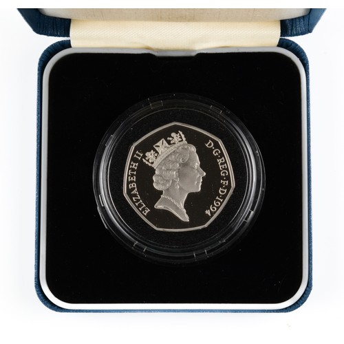 4 - Elizabeth II Fifty Pence Coin. 1994, Silver Proof Piedfort, D-Day Commemorative coin with certificat... 