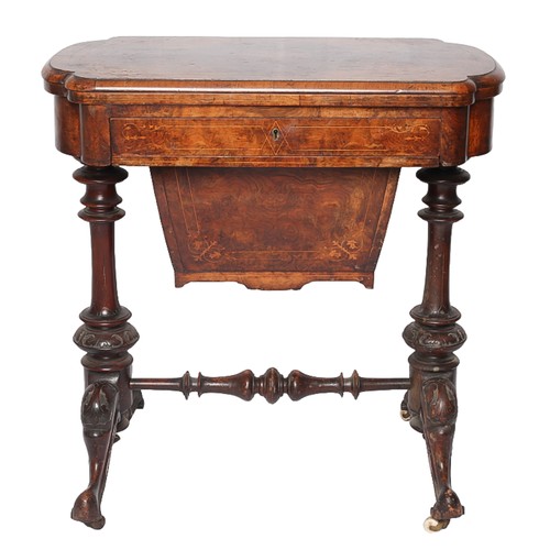 4 - Burr Walnut Victorian Ladies Work Table. Fine inlay details and open-out hinged games top. Approxima... 