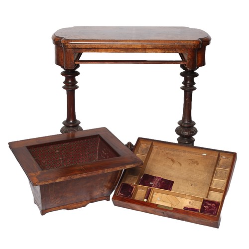 4 - Burr Walnut Victorian Ladies Work Table. Fine inlay details and open-out hinged games top. Approxima... 