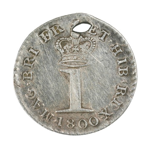 31 - George III, Silver Penny. 1800. Older Laurel head. Normal crowned. Good bright GF but holed. (S3761)