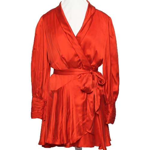 57 - Zimmermann Red 100% Silk Mini Wrap Dress. Long-sleeved with zip cuffs at wrists. No size label but a... 