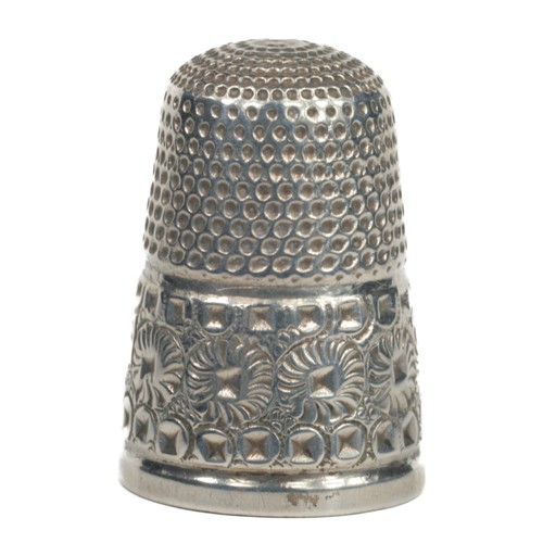 118 - Charles May Sterling Silver Thimble with a decorated band of flowers and squares.  Birmingham 1895