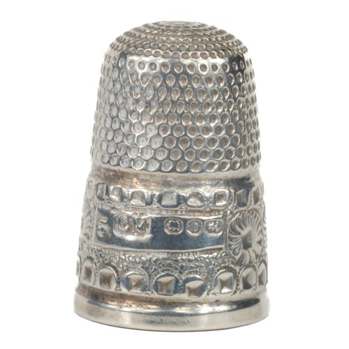 118 - Charles May Sterling Silver Thimble with a decorated band of flowers and squares.  Birmingham 1895