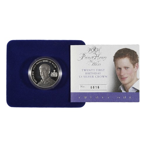 80 - HRH Prince Henry of Wales Twenty First Birthday £5 Silver Crown. Boxed and with COA.