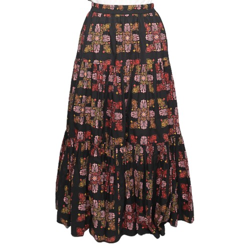 182 - La DoubleJ Long Black Patterned Boho-Style Skirt. Elasticated waistband. Size XL. Pre-loved, very go... 